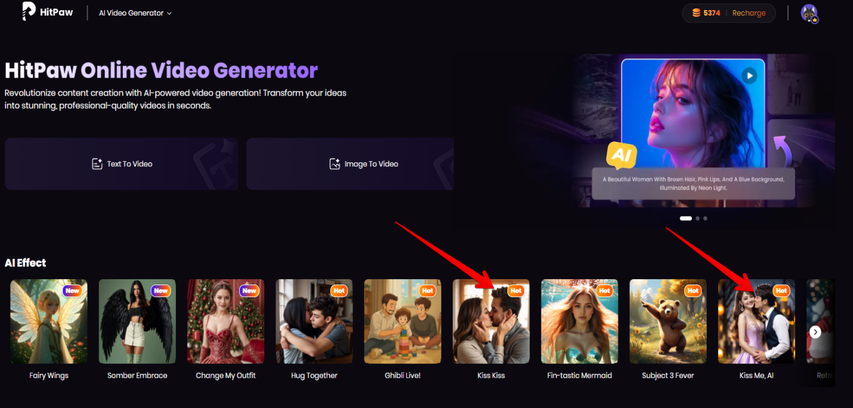 HitPaw AI Video Generator Kiss Effect