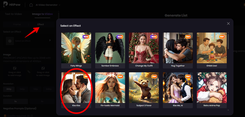 HitPaw AI Video Generator Kiss Kiss Effect