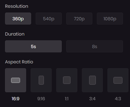 HitPaw AI Video Generator resolution, aspect ratio, and duration settings