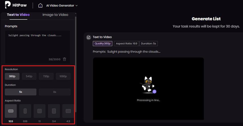 HitPaw AI Video Generator video settings