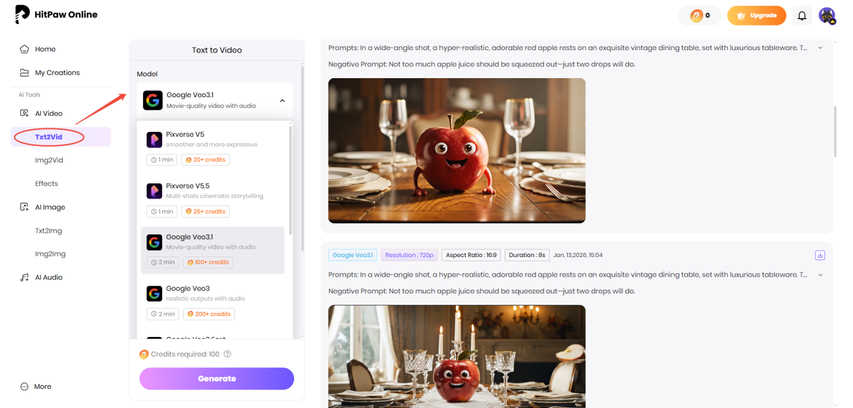 Select Text to Video and choose an AI model in HitPaw Online