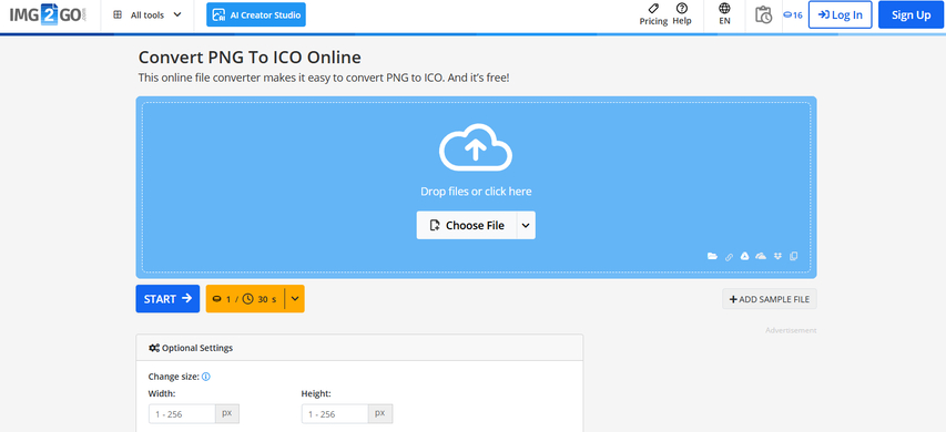 Img2Go PNG to ICO converter
