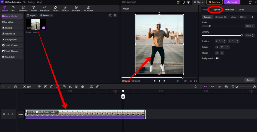 Importing a video file and choosing the Speed menu in HitPaw Edimakor