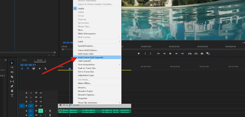 Insert Frame Hold Segment option in Premiere Pro