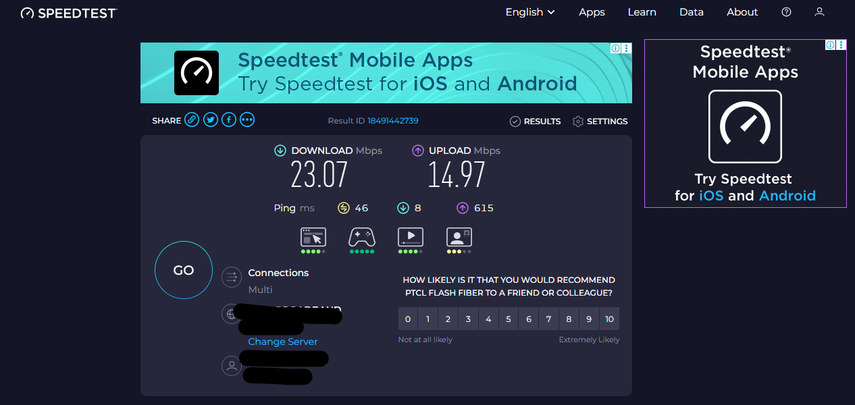 Internet speed test results