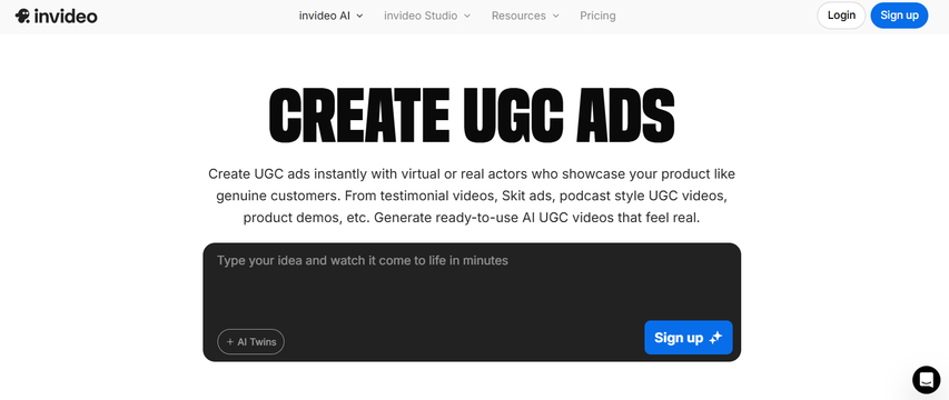Invideo AI UGC video ads creator