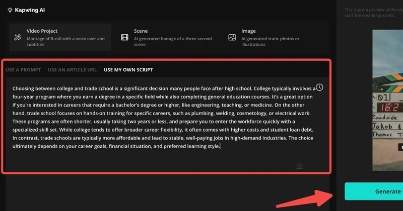 kapwing ai enter prompts generate