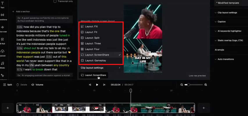 Layout options in OpusClip