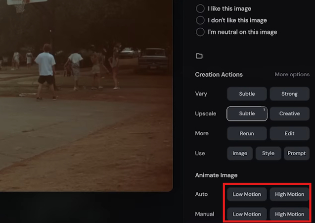 Low Motion and High Motion animation features in the Midjourney AI video generator