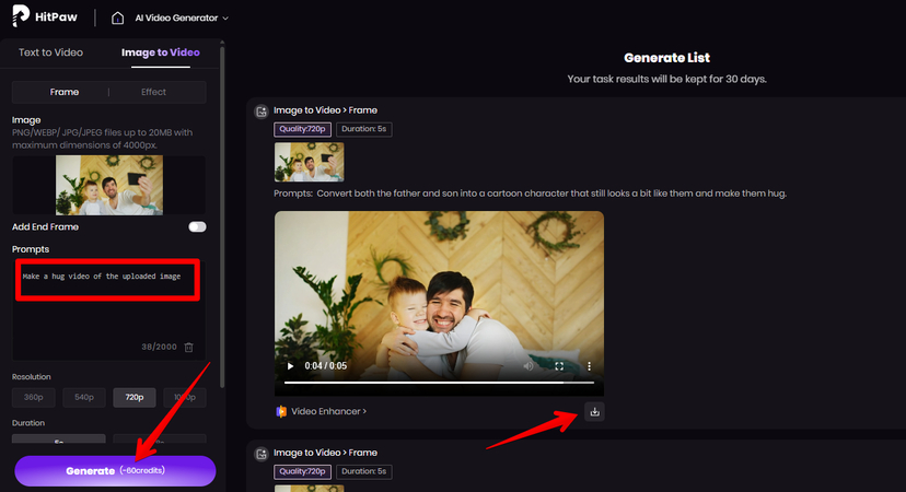 Making an AI hug video from the uploaded image