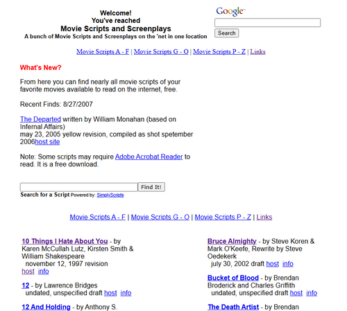 Movie Scripts and Screenplays site to download movie scripts
