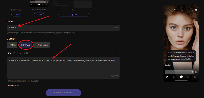 Naming the character, choosing the gender, and describing it in Pollybuzz AI