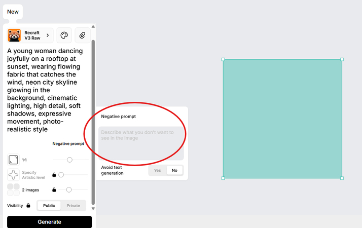 Negative prompt feature in Recraft AI