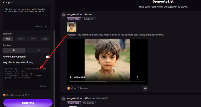 Negative prompt field to edit the generated video with text prompts