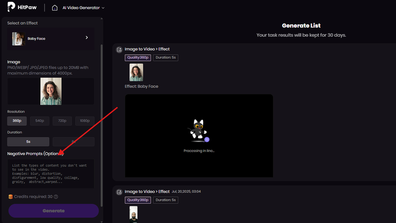 Negative prompt field to exclude details in the teenage video