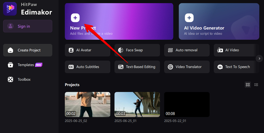 Opening a new project in HitPaw Edimakor