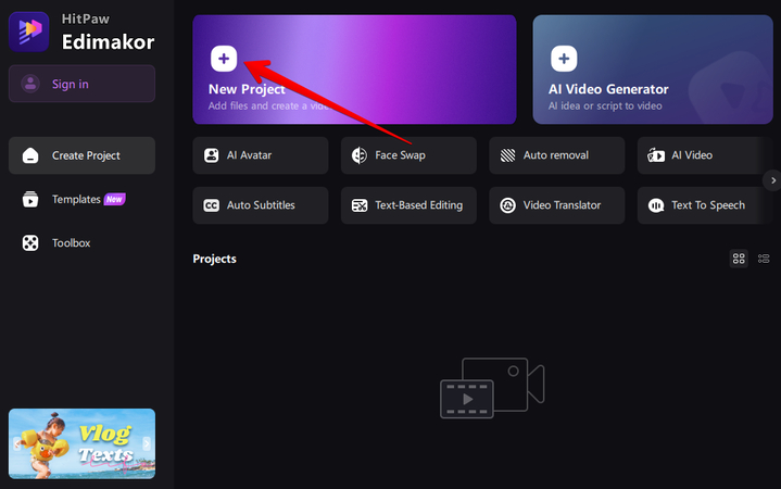 Opening a new project on HitPaw Edimakor