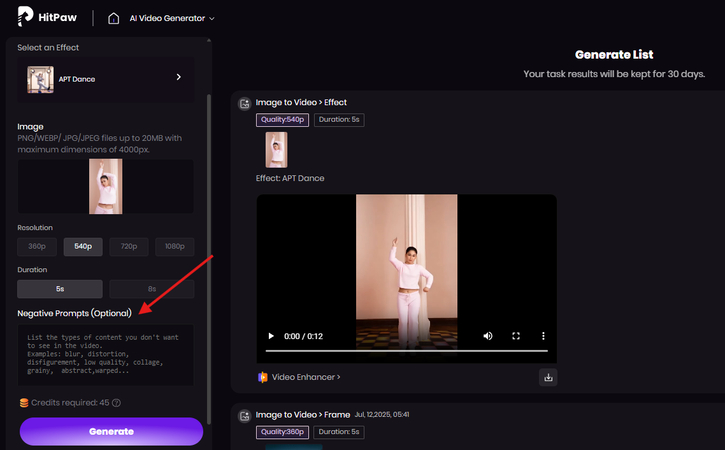 Optional negative prompt field for the APT dance video