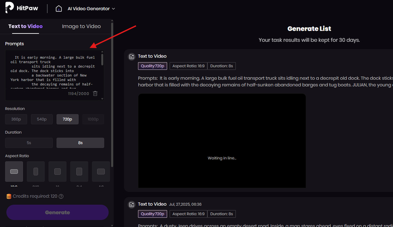 Pasting a movie script into the HitPaw AI Video Generator text prompt box