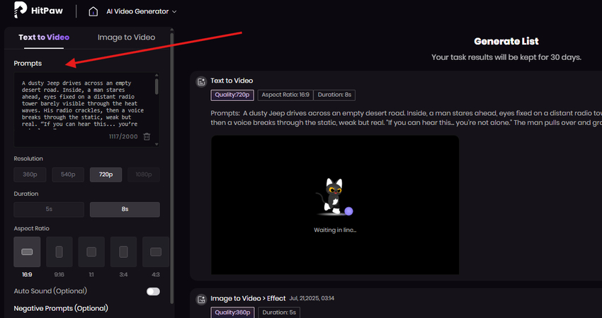 Pasting movie script into the text prompt