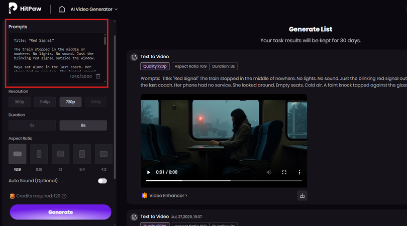 Pasting the short movie script into the HitPaw AI Video Generator text prompt box