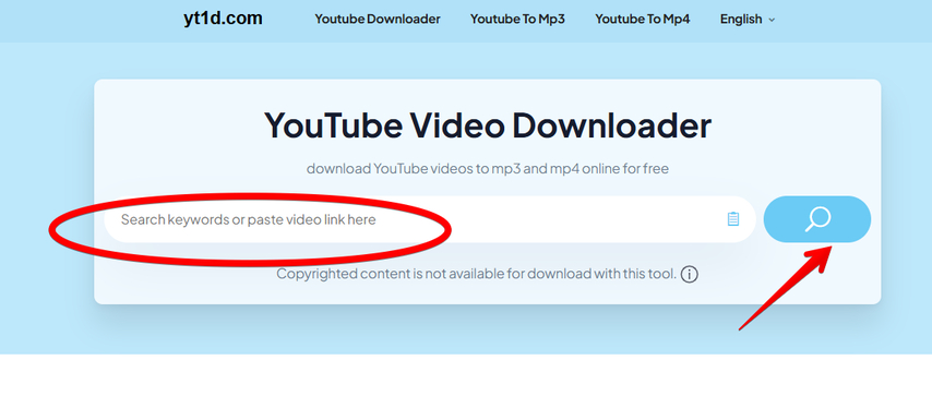Pasting YouTube Video URL in YT1D Video Downloader tool