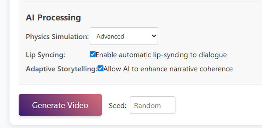 Perchance AI Video Generator AI processing settings