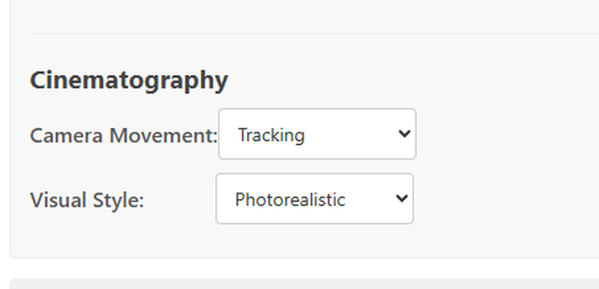 Perchance AI Video Generator cinematography settings