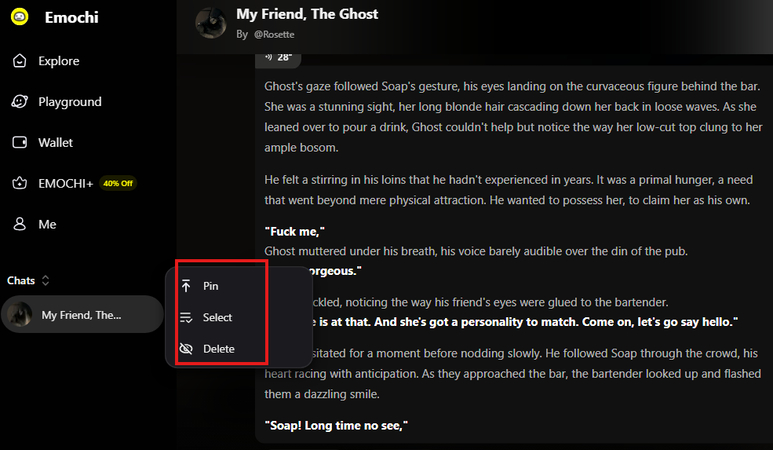 Pinning, selecting, and deleting an AI character in Emochi
