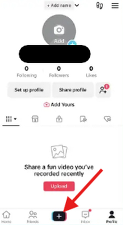 Plus upload icon on the TikTok mobile app