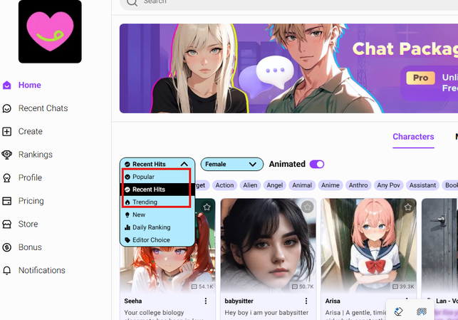 Popular characters on the CrushOn app