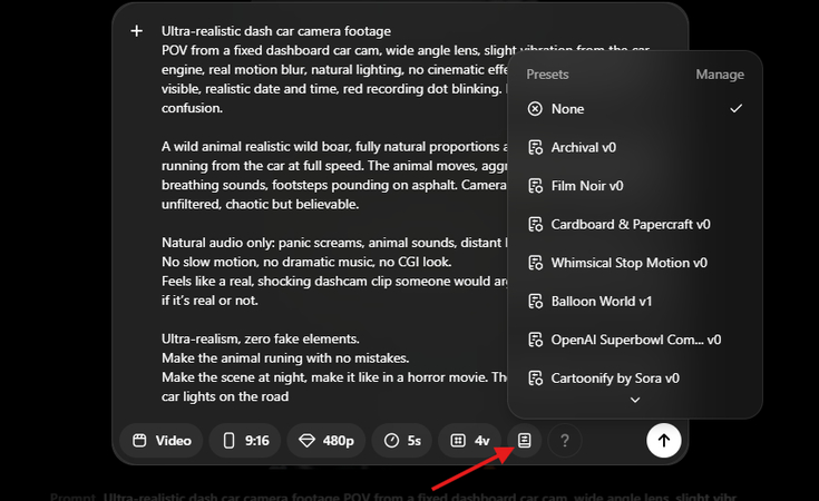 Presets in Sora AI video generator