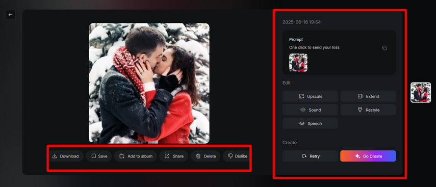 Previewing and downloading a kiss video in PixVerse AI