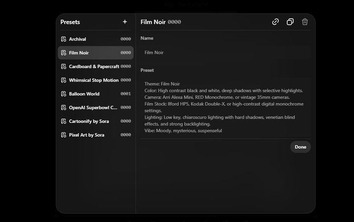 Previewing each preset in the Sora AI video generator
