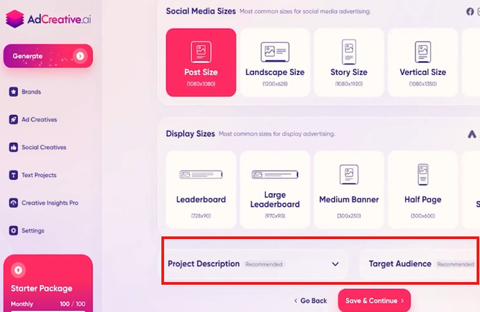 Project description and target audience settings in Ad Creative AI