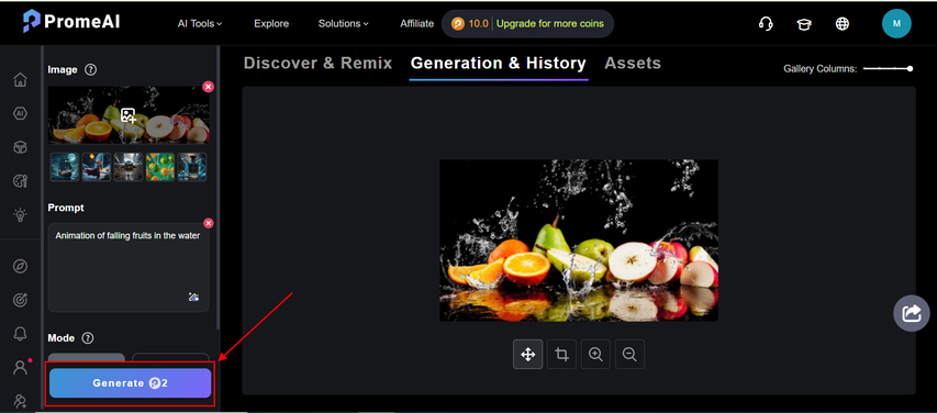 click generate to process video in Prome.AI
