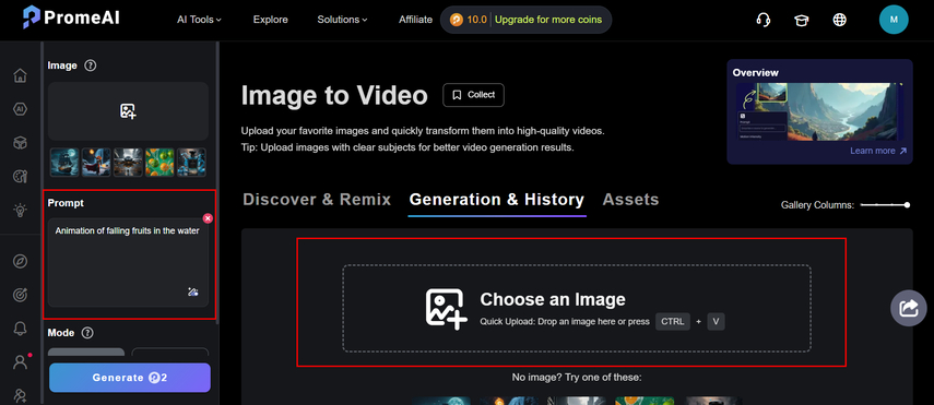 enter prompt or upload image in Prome.AI