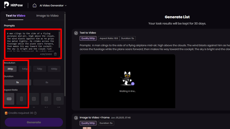Prompt and video settings for an action clip like The Final Reckoning