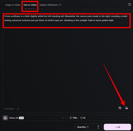 Prompt Box for Text to video generation in MiniMax AI Video