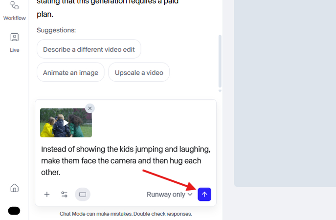 Regenerating a video in Runway chat mode