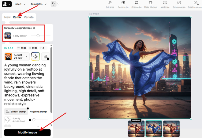 Remixing the generated image with the edited prompt and using the similarity slider
