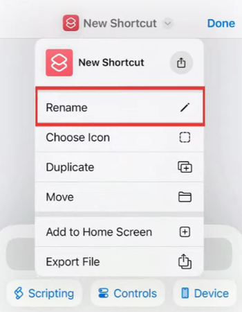 Renaming the shortcut on iPhone