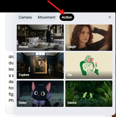 Runway AI Text to Video action presets