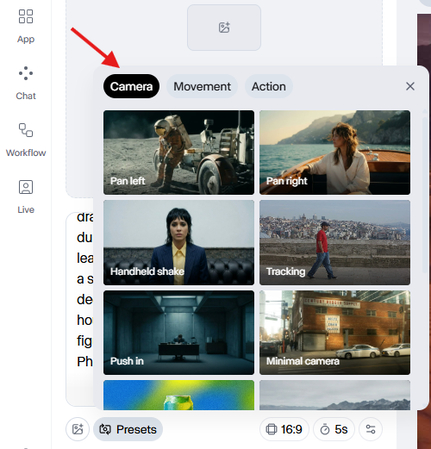 Runway AI Text to Video camera presets