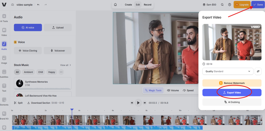 Saving the synced clip in Veed.io