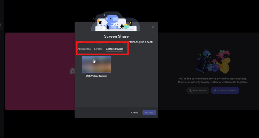 Selecting a screen to share using Discord