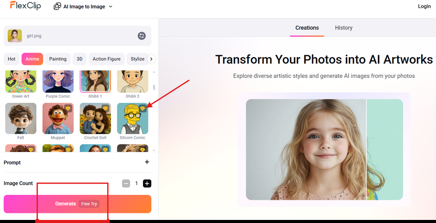 Selecting a Simpsons filter and generating the character in FlexClip