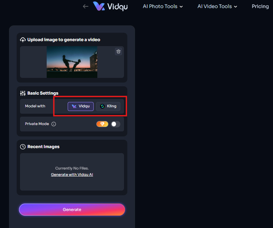 Selecting a video generation model in Vidqu AI