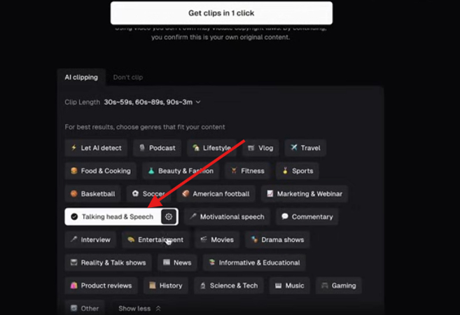 Selecting a video genre in OpusClip
