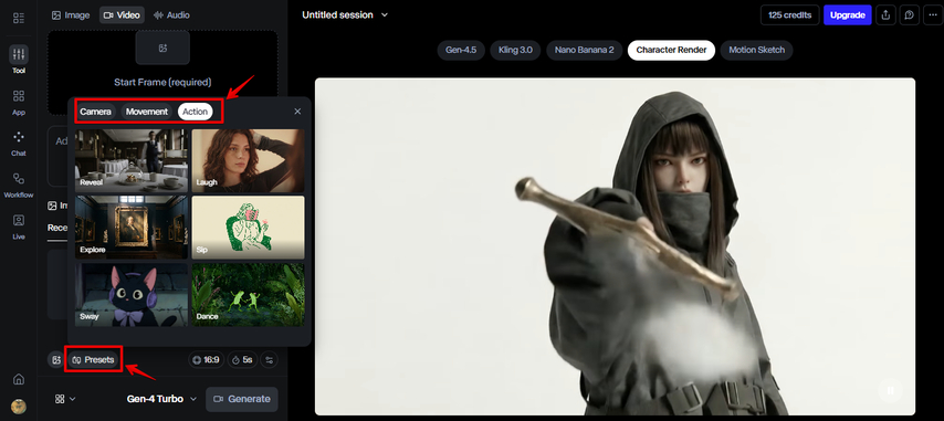 Selecting camera presets in Runway AI Image to Video